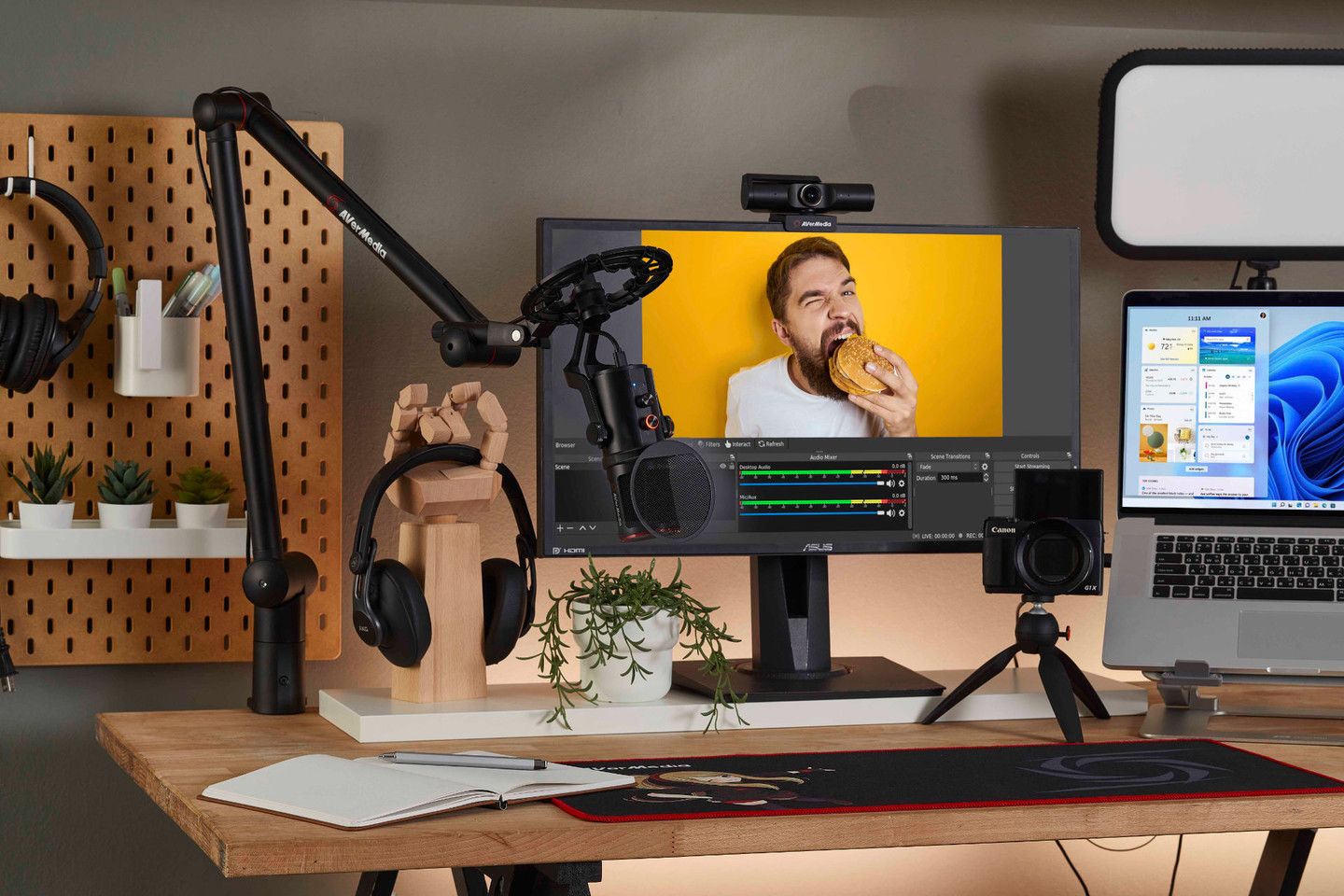Content creator working efficiently at a well-organized desk setup
