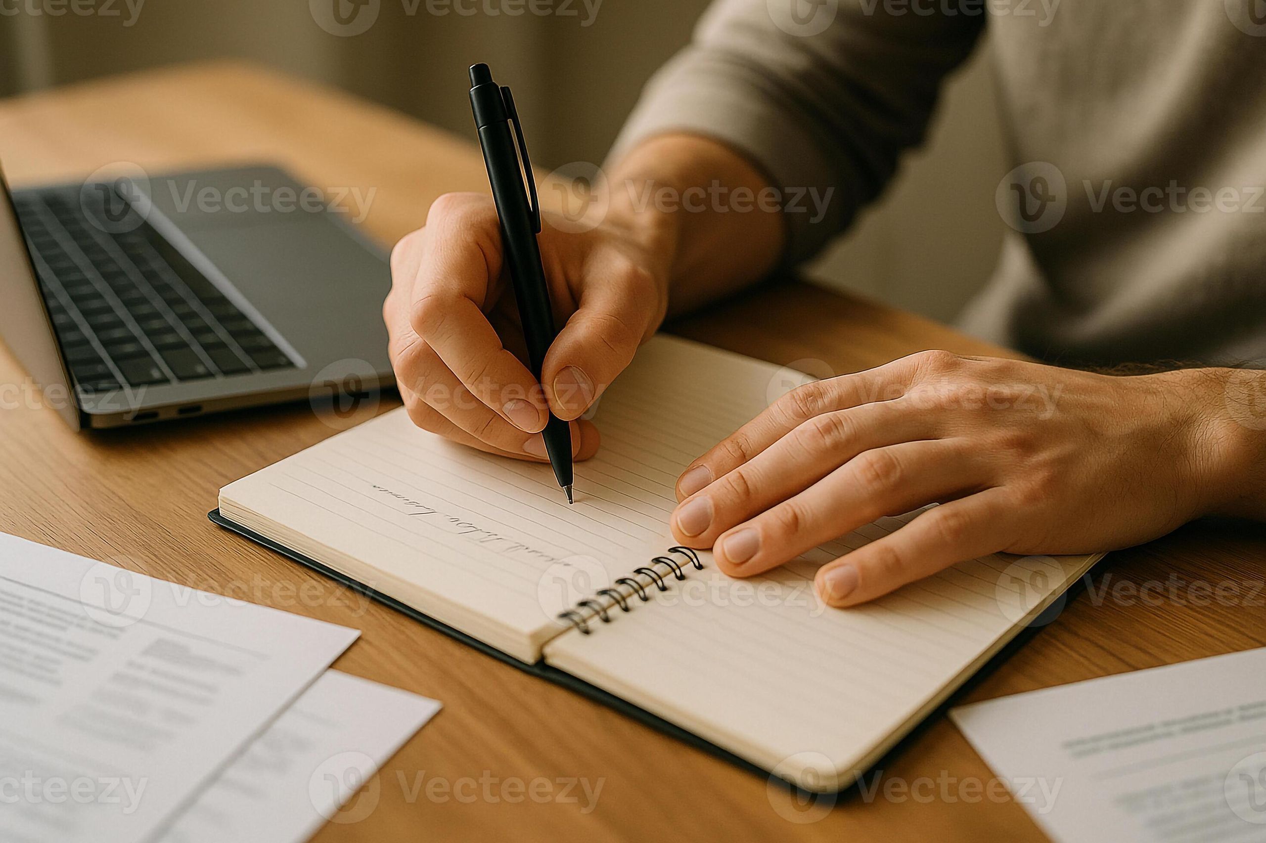 Person writing project notes and planning a clear brief at a desk